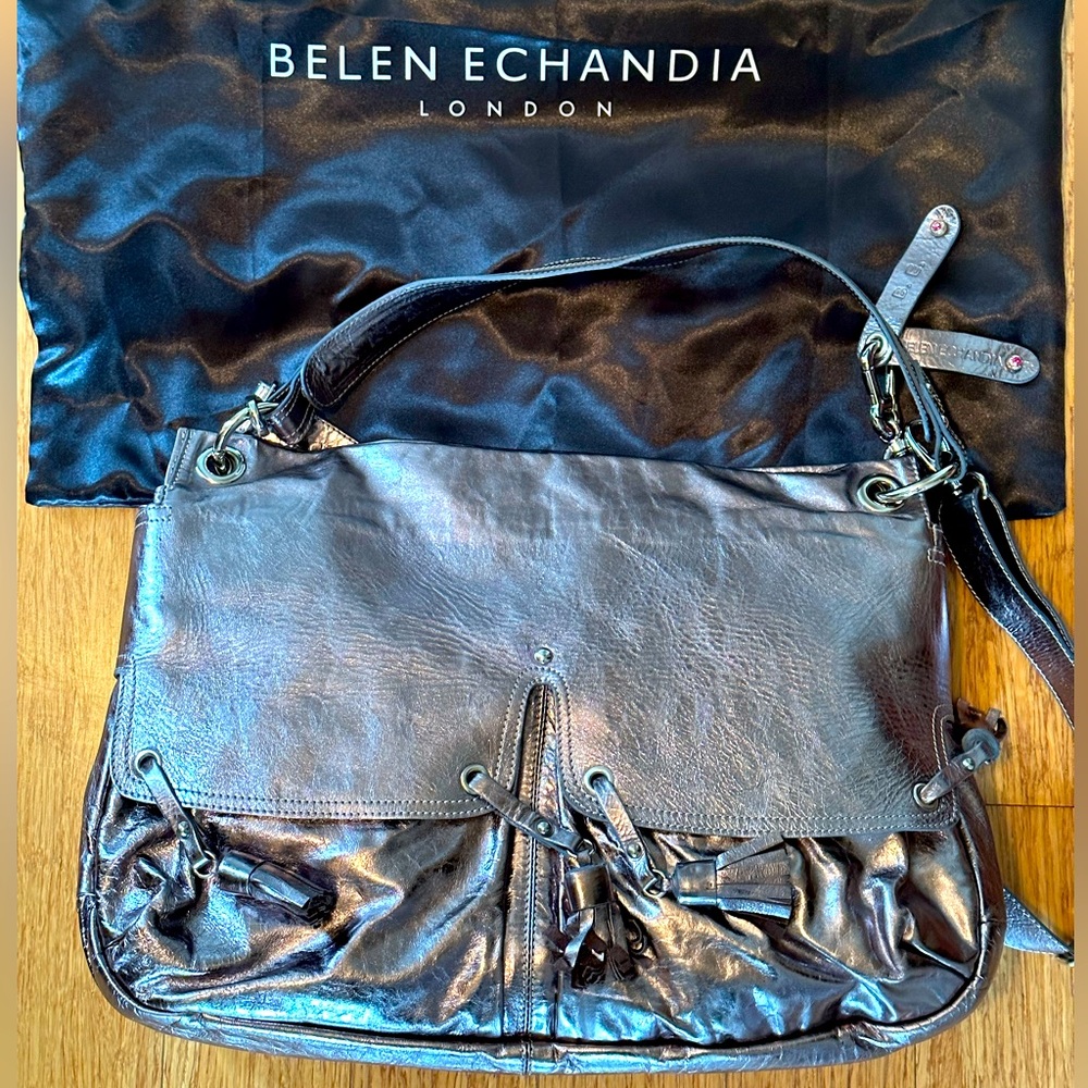 Belen Echandia Silver Metallic Patent Leather Hobo Purse Handbag